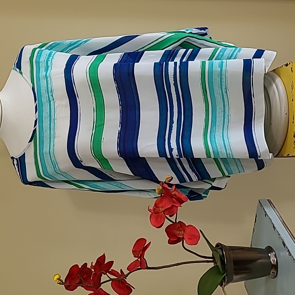 Beachy Flowy Top Pullover Aqua Watercolor Stripe Dolman 3/4 Sleeve Chaus NY XL